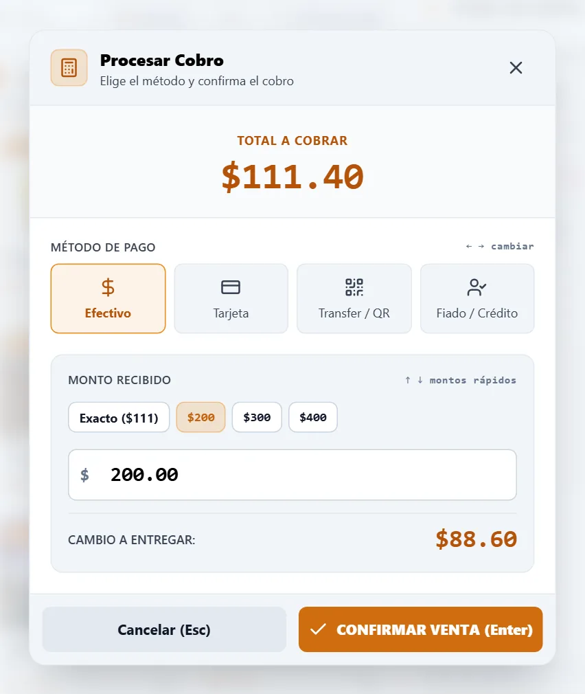 Pantalla de cobro con métodos de pago, montos rápidos y cálculo automático del cambio