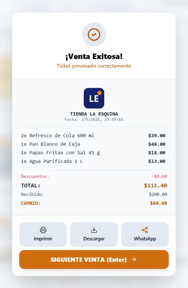 Recibo de venta con el logo de la tienda, listo para imprimir, descargar o enviar por WhatsApp