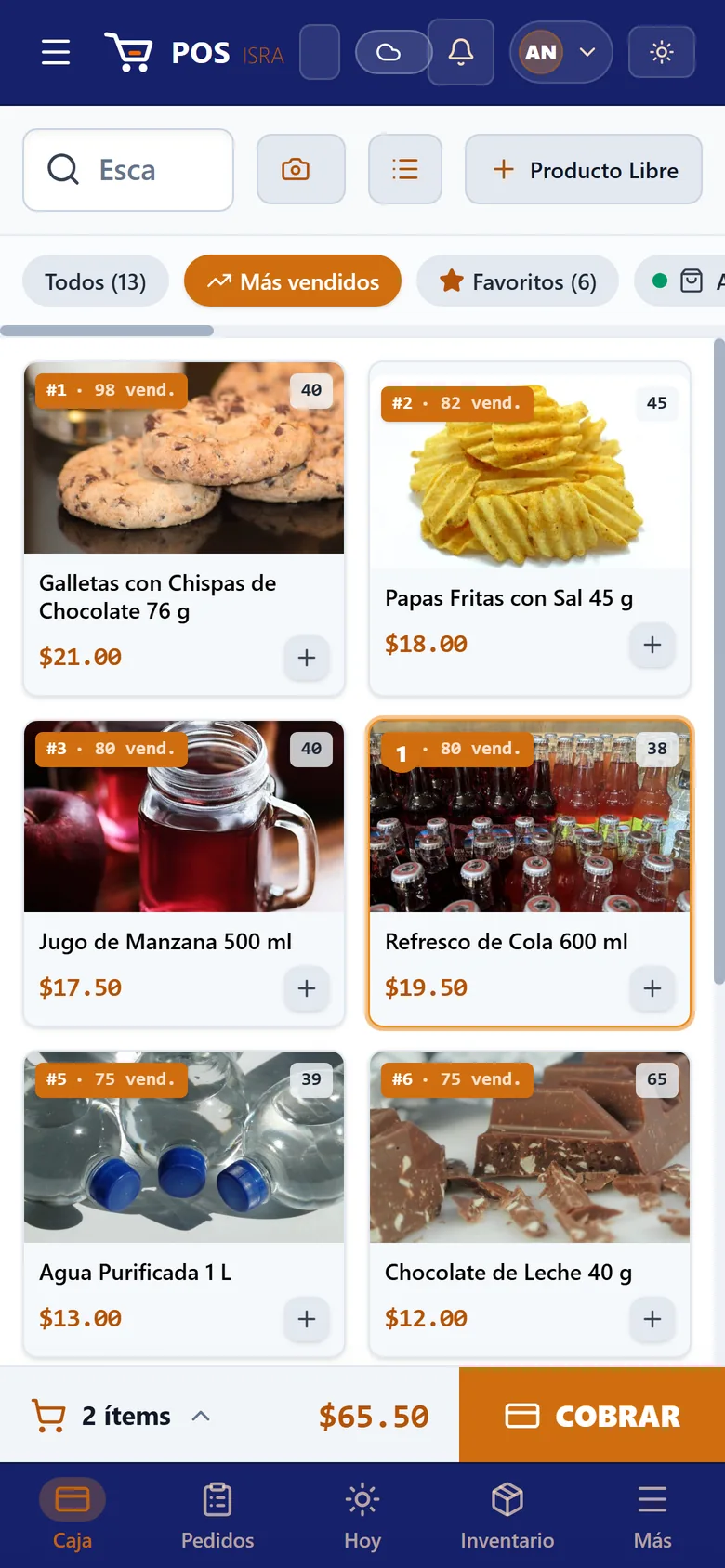 El POS en un teléfono: catálogo a pantalla completa, resumen del ticket abajo y pestañas Caja, Pedidos, Hoy, Inventario y Más