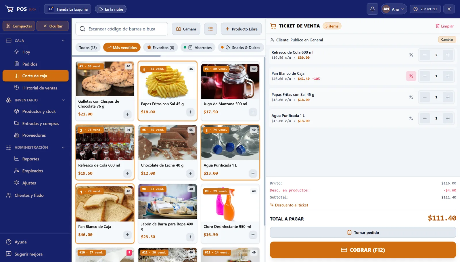 Pantalla de venta: catálogo con fotos y favoritos a la izquierda, ticket con un descuento aplicado a la derecha, logo de la tienda en el encabezado